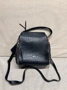 VELEZ Black Croc Embossed Leather Crossbody Bag Libertad 2.0 Gold Zip Gusset
